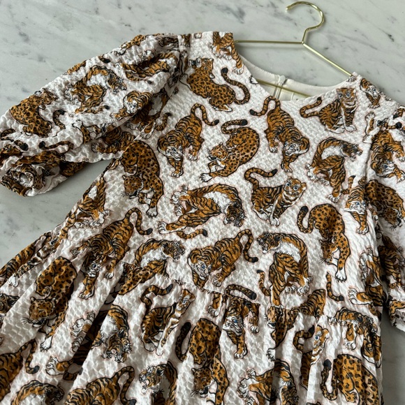 KENZO Girl’s' Seersucker Leopard & Tiger Cotton Print Dress Lined Tiered Midi - Picture 2 of 9